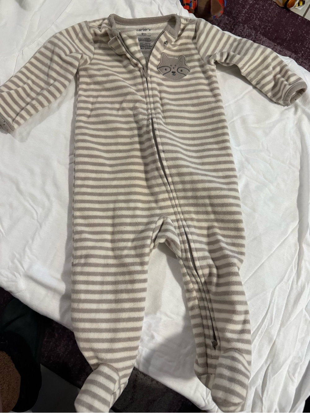 Carter's Cream & White Striped Fleece Footed One-Piece